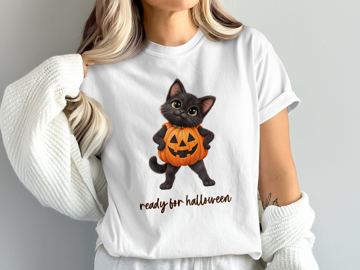 White t-shirt with black kitten in pumpkin costume and "ready for halloween" text.