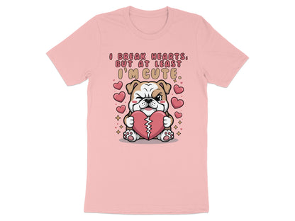 Bulldog with broken heart graphic and text "I break hearts, but at least I'm cute".
