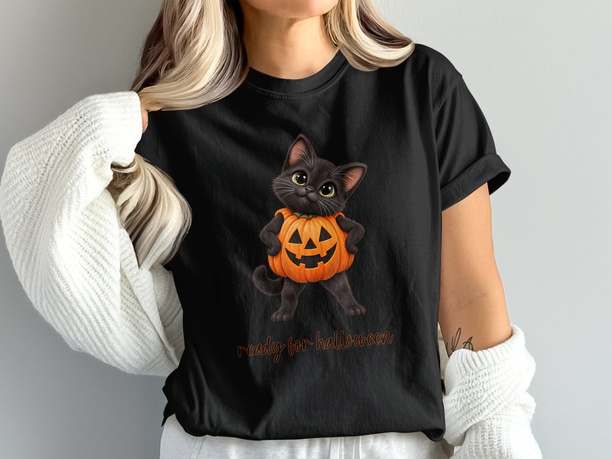 Black t-shirt with a black cat wearing a pumpkin costume and text "ready for halloween."