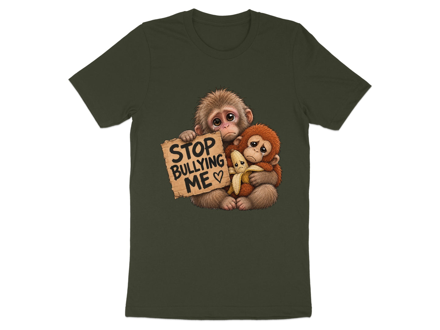 Two sad monkeys hugging, holding a sign that says "STOP BULLYING ME".