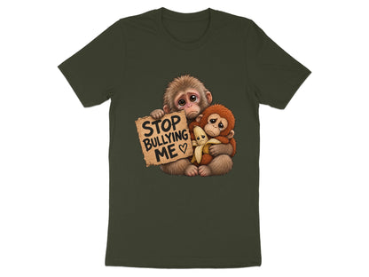 Two sad monkeys hugging, holding a sign that says "STOP BULLYING ME".