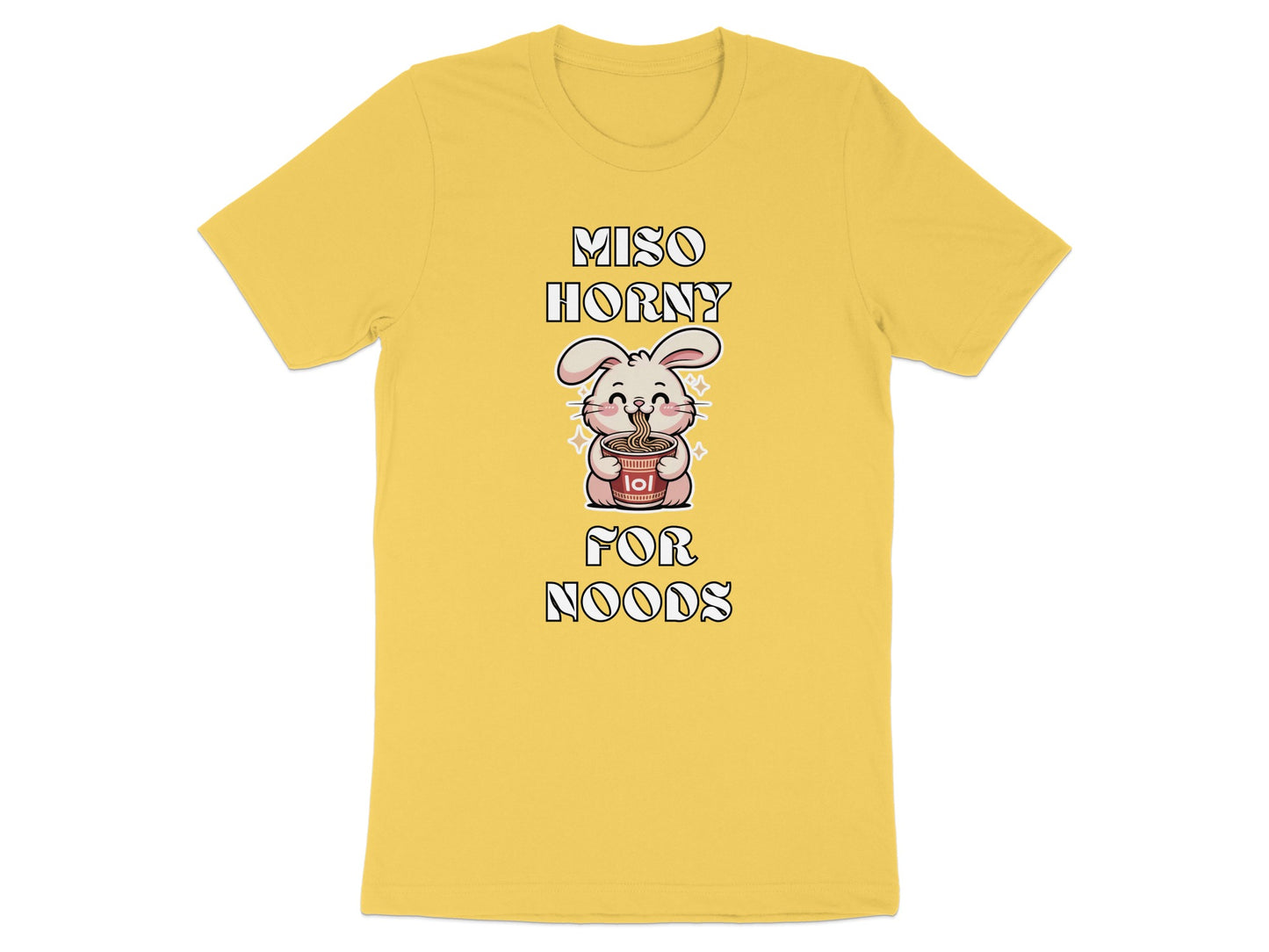 Yellow t-shirt with text "MISO HORNY FOR NOODS" and a kawaii bunny eating noodles.