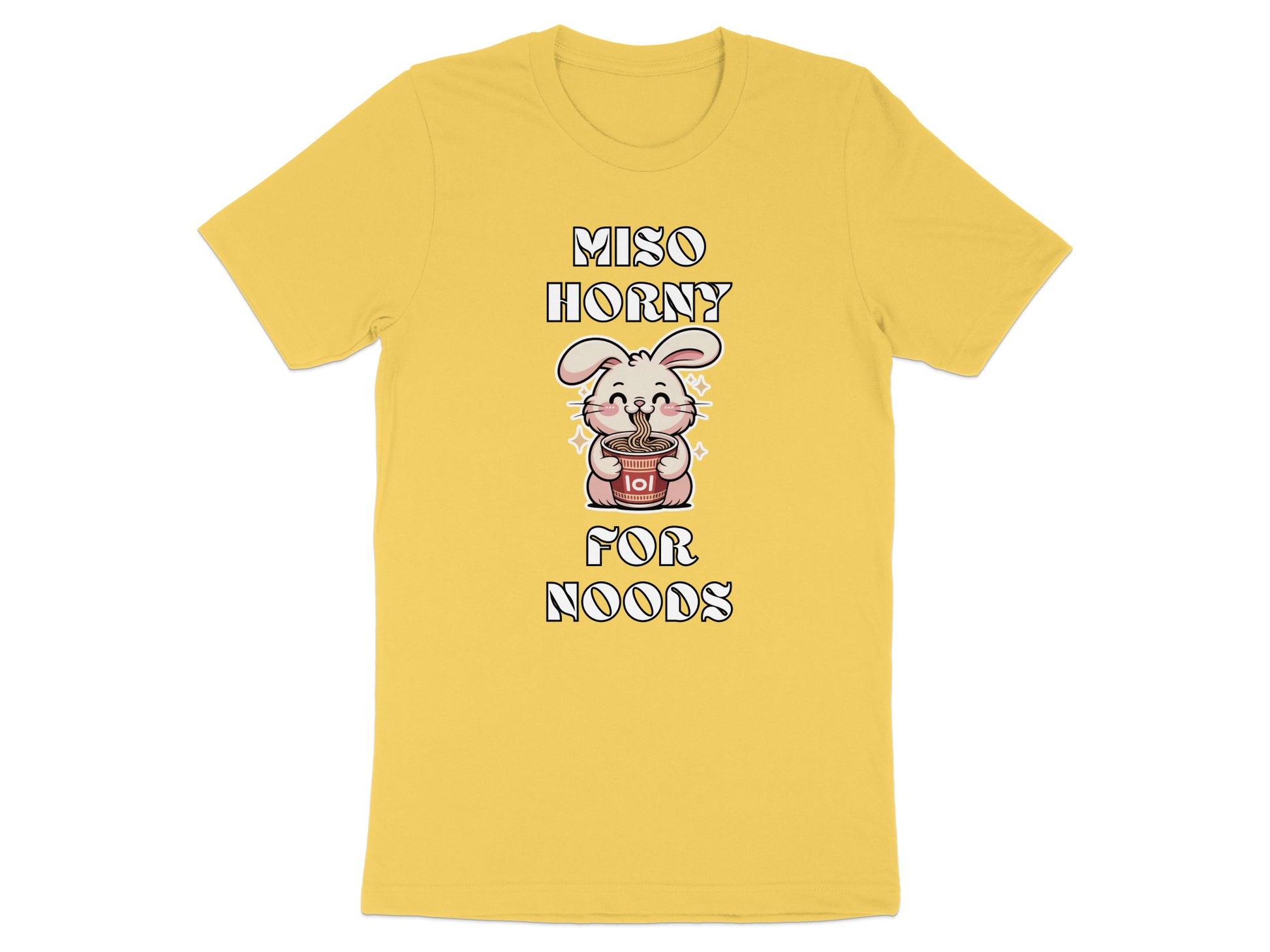 Yellow t-shirt with text "MISO HORNY FOR NOODS" and a kawaii bunny eating noodles.