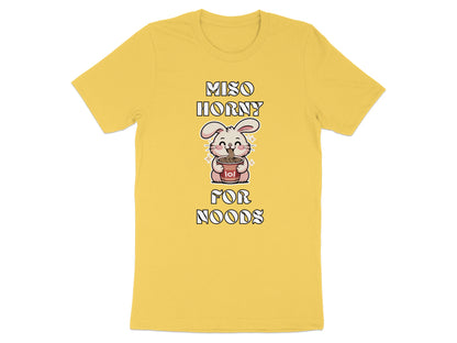 Yellow t-shirt with text "MISO HORNY FOR NOODS" and a kawaii bunny eating noodles.