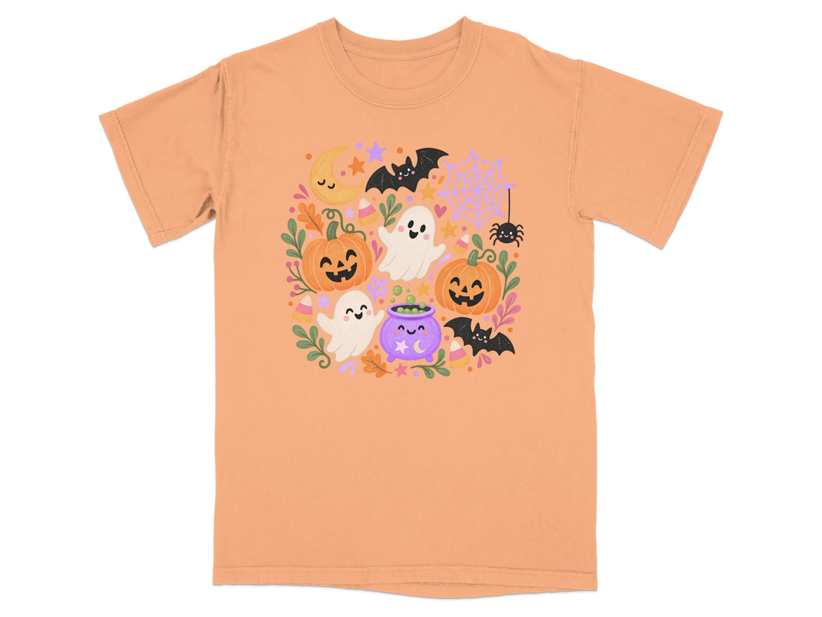 Halloween t-shirt with ghosts, pumpkins, bats, moon, and spider graphic.