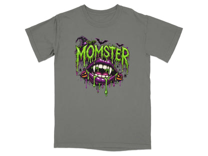 Graphic tee with "Momster" text, fangs, and Halloween imagery.