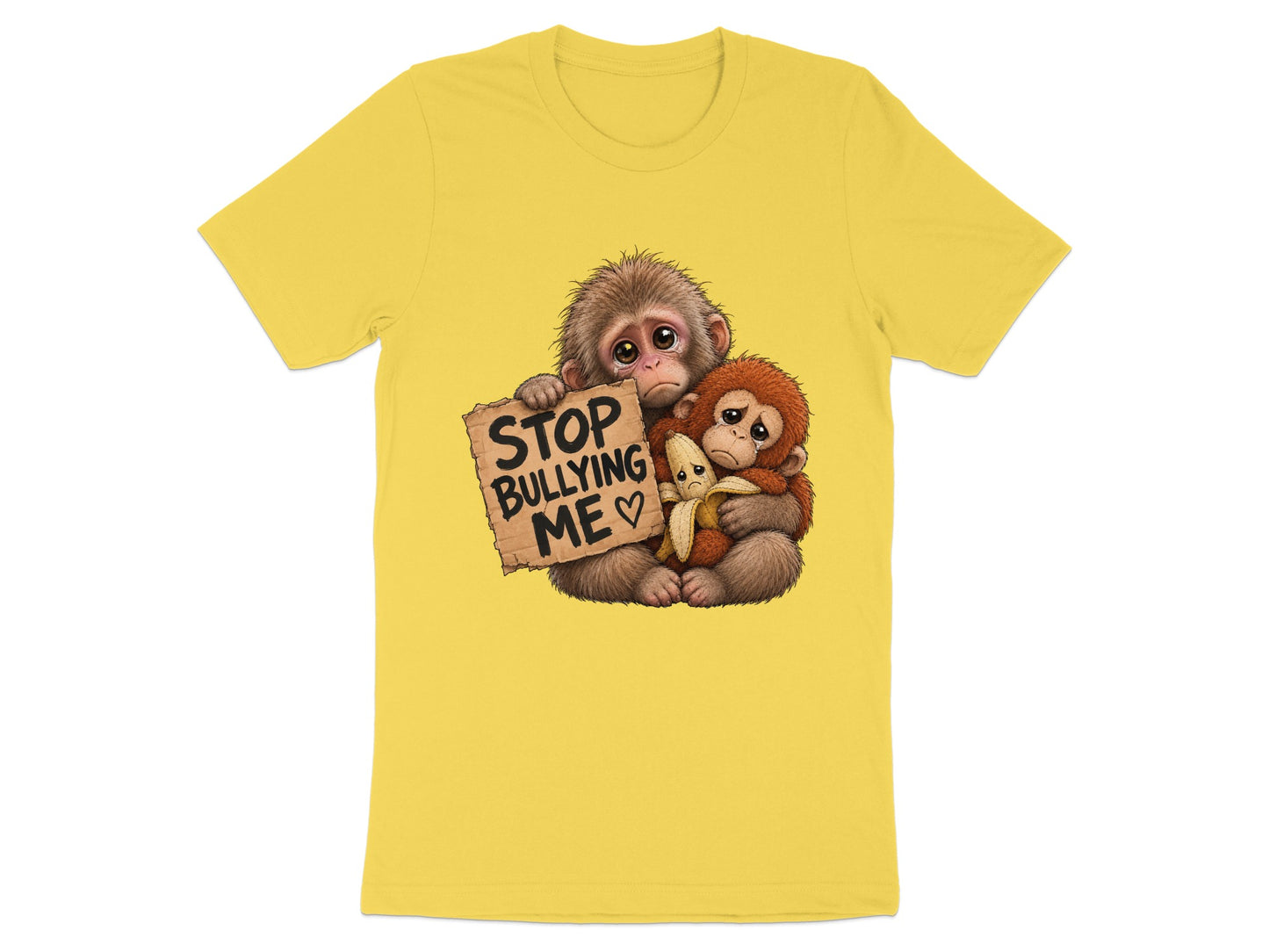 Sad monkeys holding a sign that says "STOP BULLYING ME" and a banana.