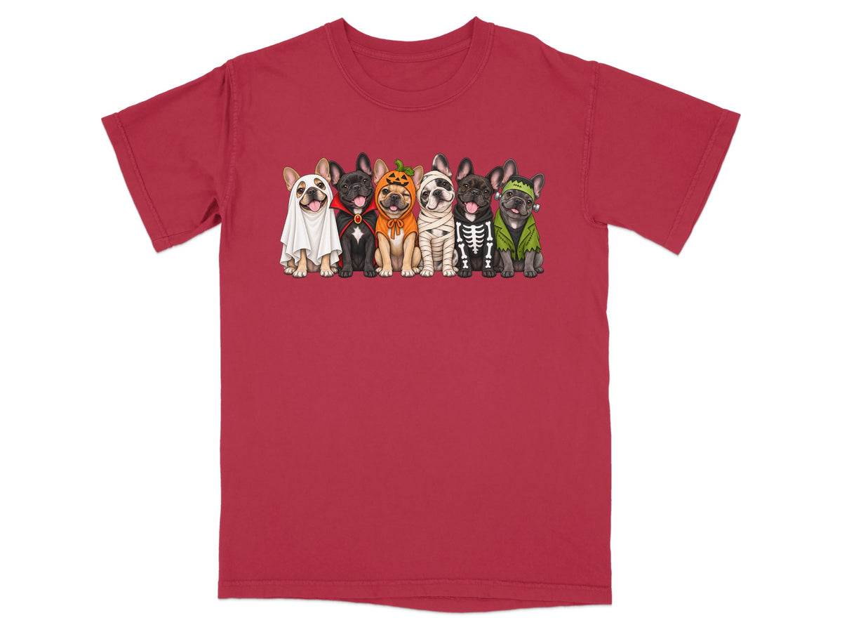 Six French Bulldogs dressed in Halloween costumes are printed on a red t-shirt.