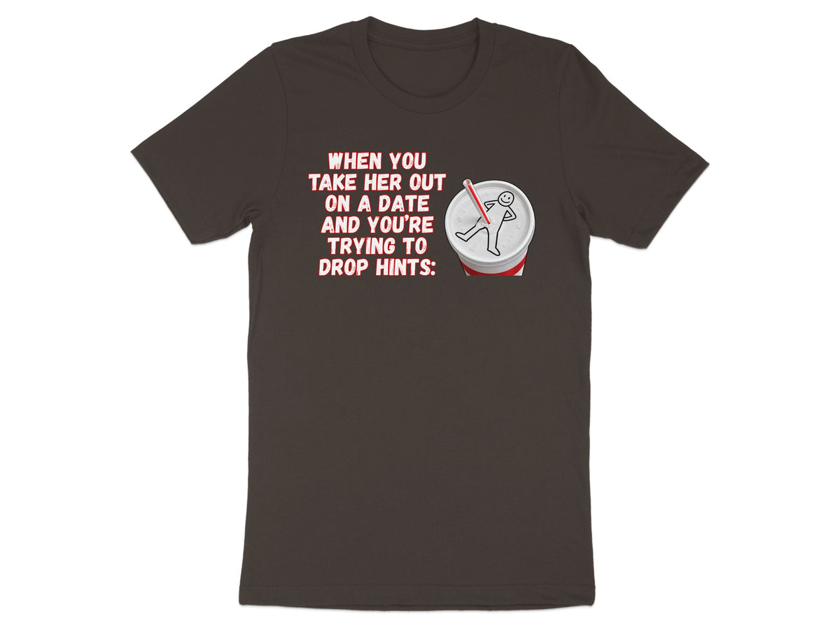 Dark t-shirt with text and a drawing of a stick figure in a drink.