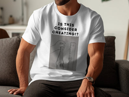 White t-shirt with "IS THIS CONSIDER CHEATING!?" text and pencil drawing.
