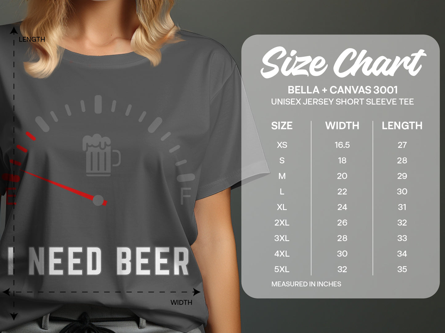 Gray t-shirt with "I NEED BEER" text and a beer mug graphic, next to a size chart.