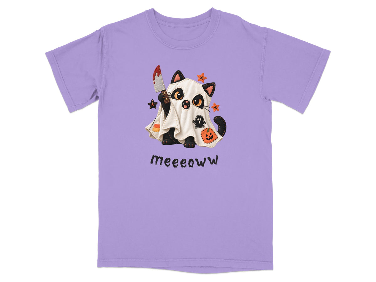 T-shirt with a graphic of a black cat in a ghost costume holding a bloody knife.