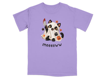 T-shirt with a graphic of a black cat in a ghost costume holding a bloody knife.