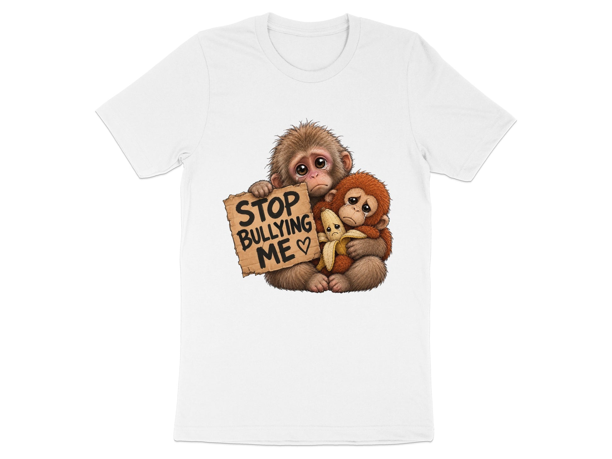 Two sad monkeys holding a sign that says "STOP BULLYING ME" and a banana.