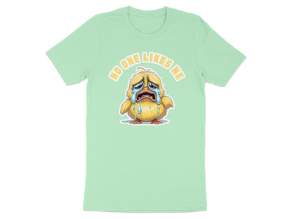 Mint green t-shirt with a crying chick graphic and text "No One Likes Me."