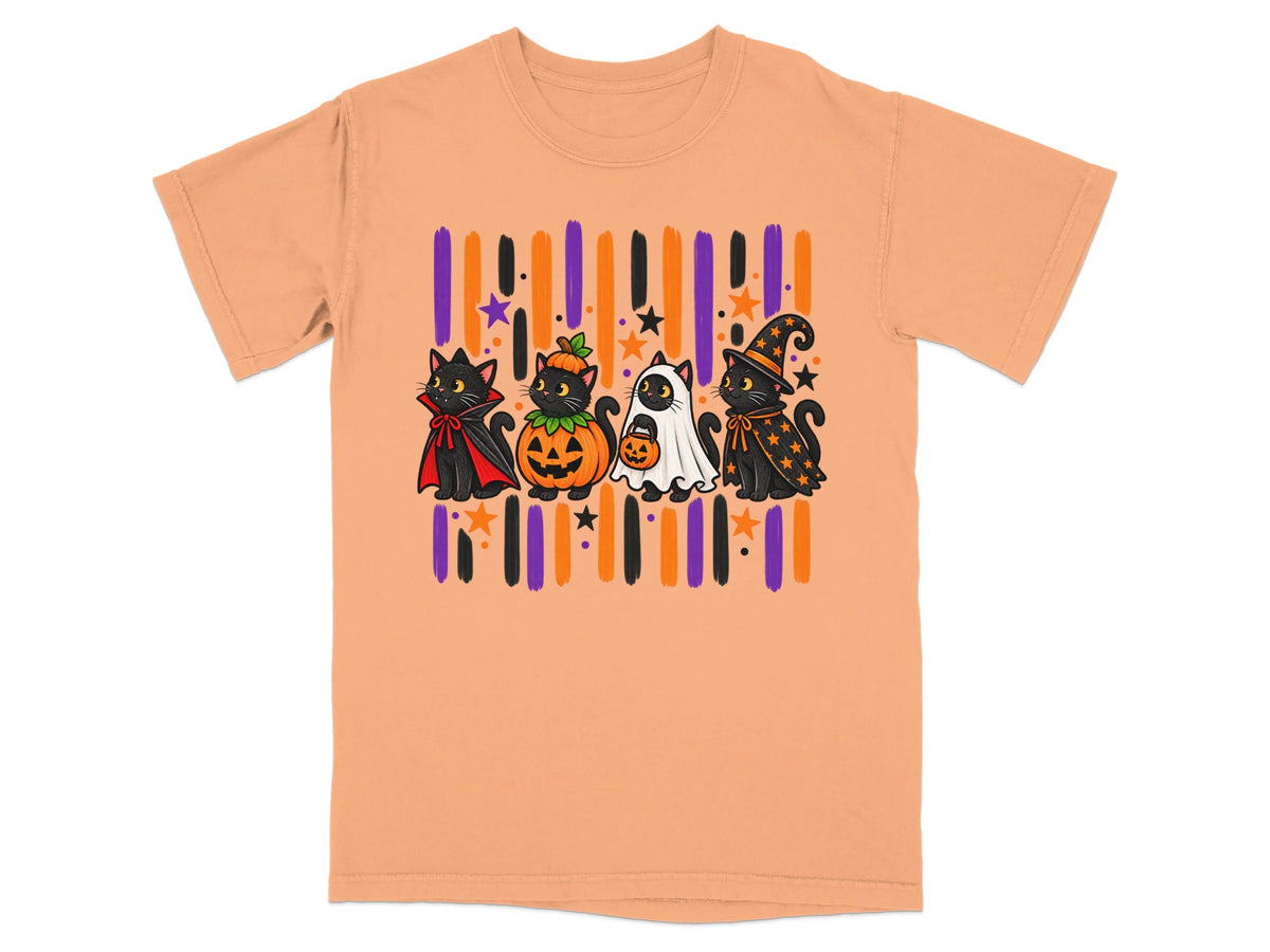 Four cartoon cats dressed for Halloween with pumpkins and stars on a striped background.