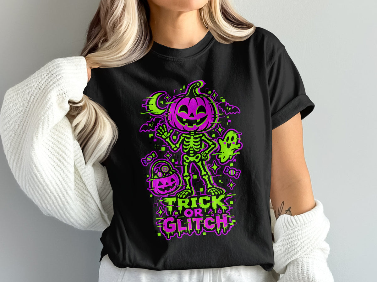 Black t-shirt with "Trick or Glitch" text and Halloween graphics.