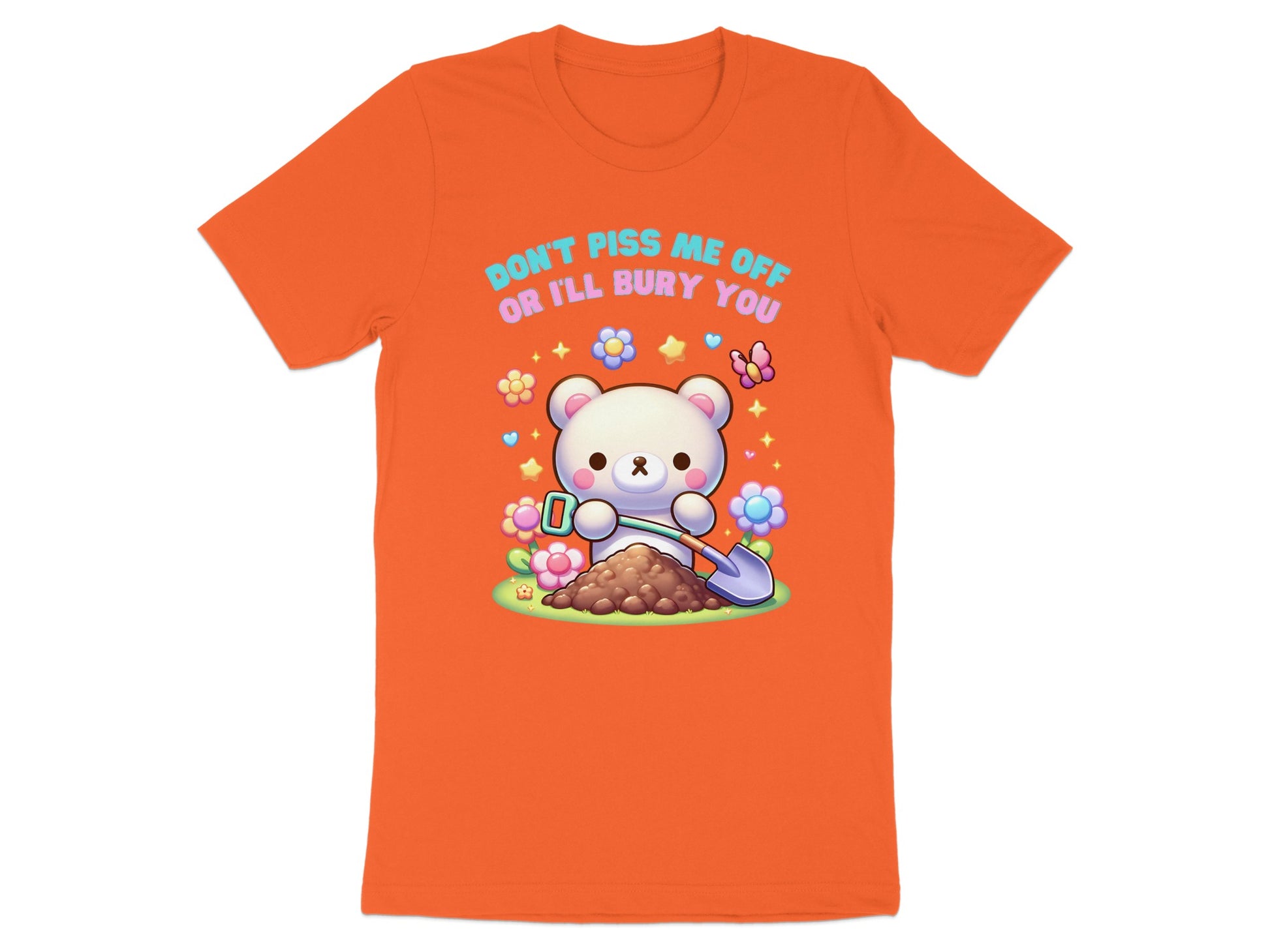 Orange t-shirt with a white bear holding a shovel next to a dirt pile and flowers.