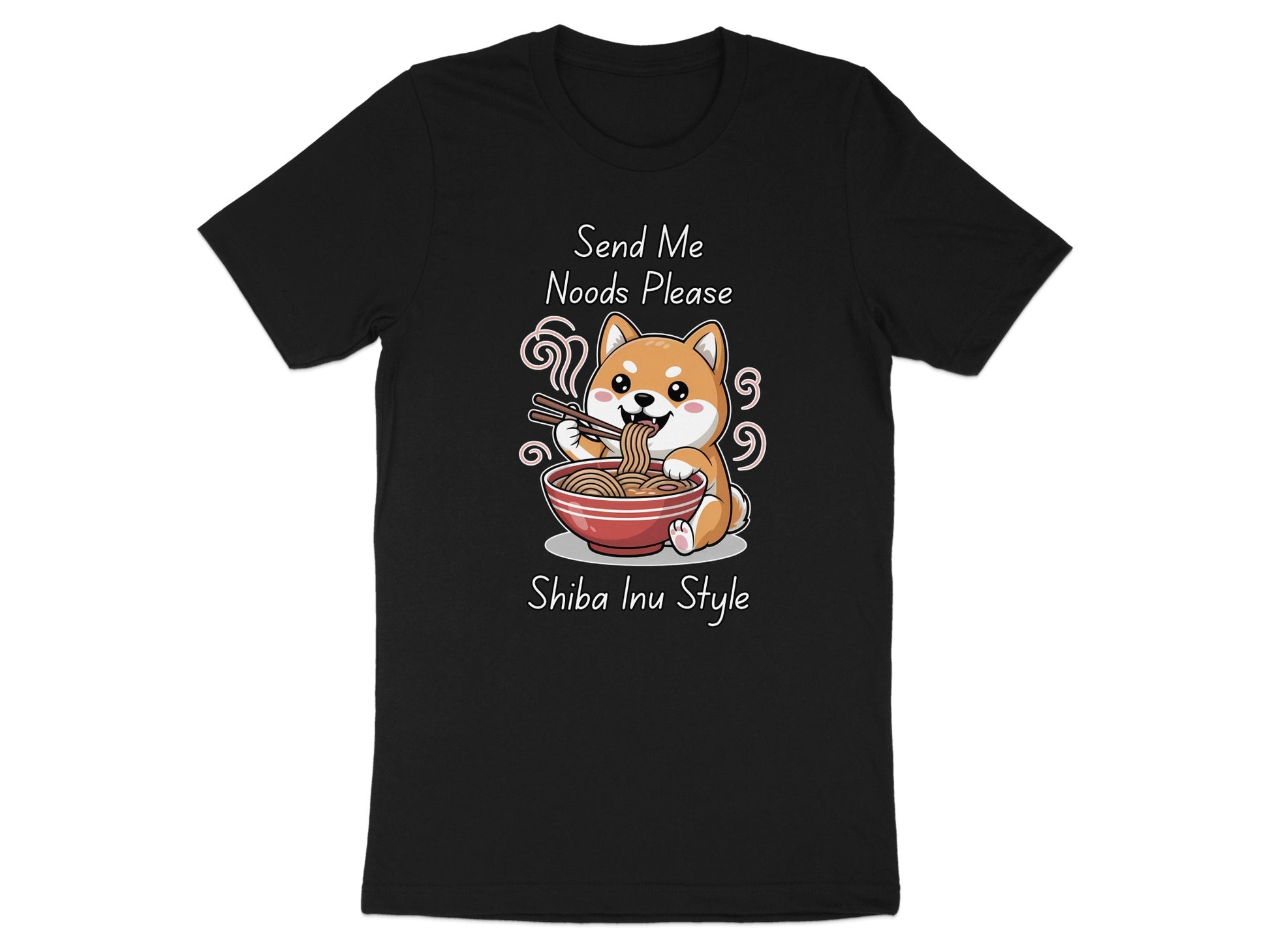 Black t-shirt with cartoon Shiba Inu eating noodles, text "Send Me Noods Please".