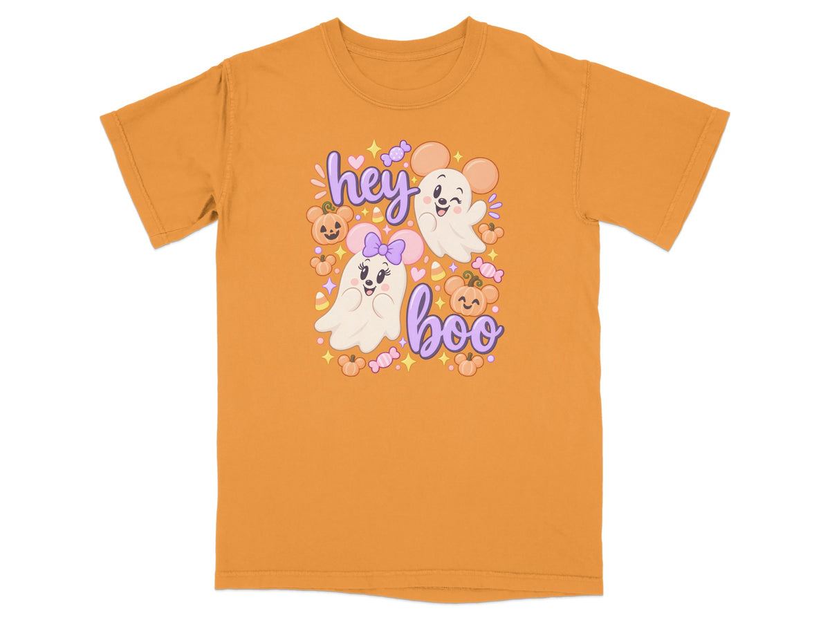 Orange t-shirt with two cute ghosts, pumpkins, and text "hey boo".