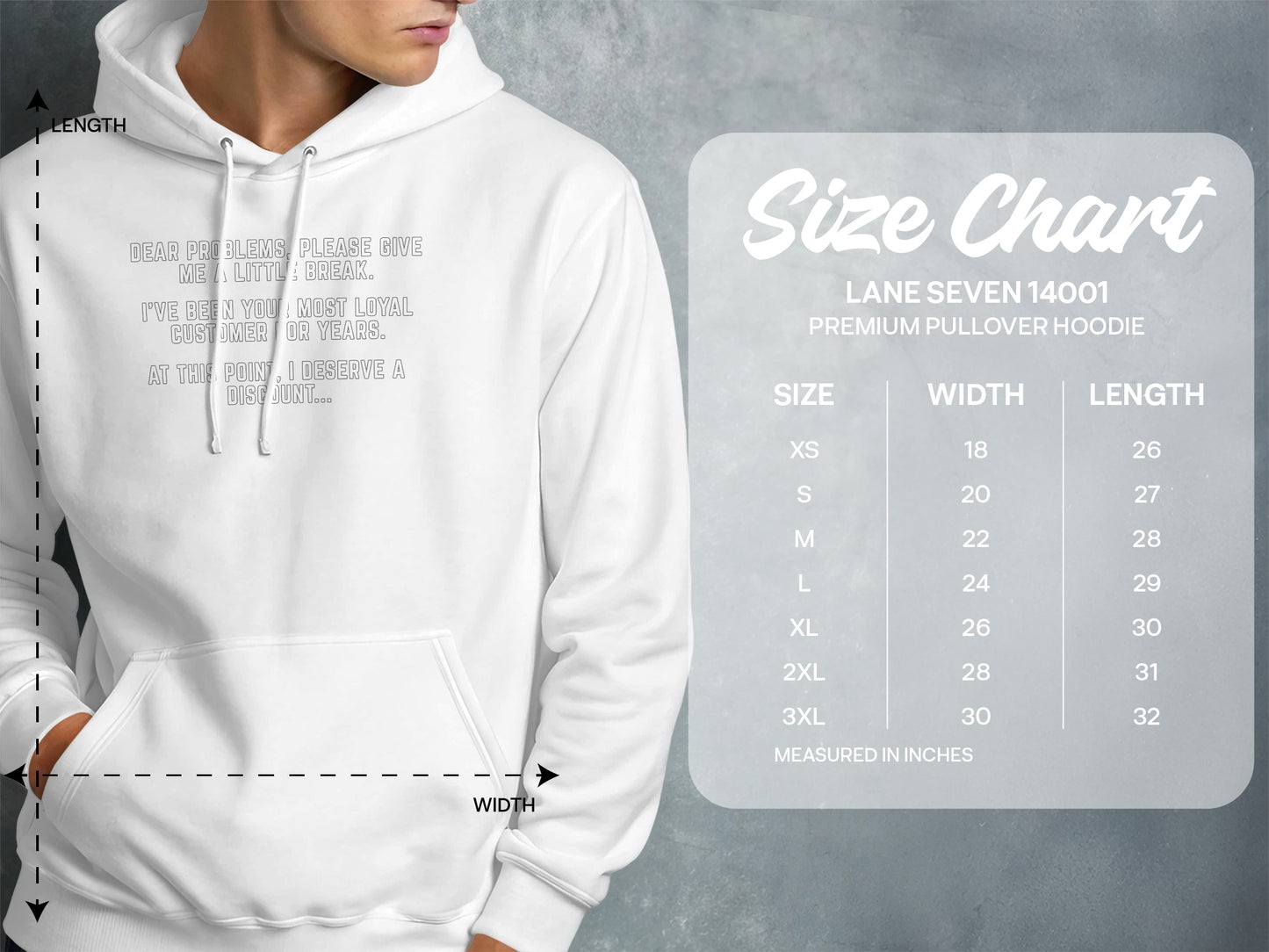 White hoodie with text and size chart for Lane Seven 14001 premium pullover hoodie.
