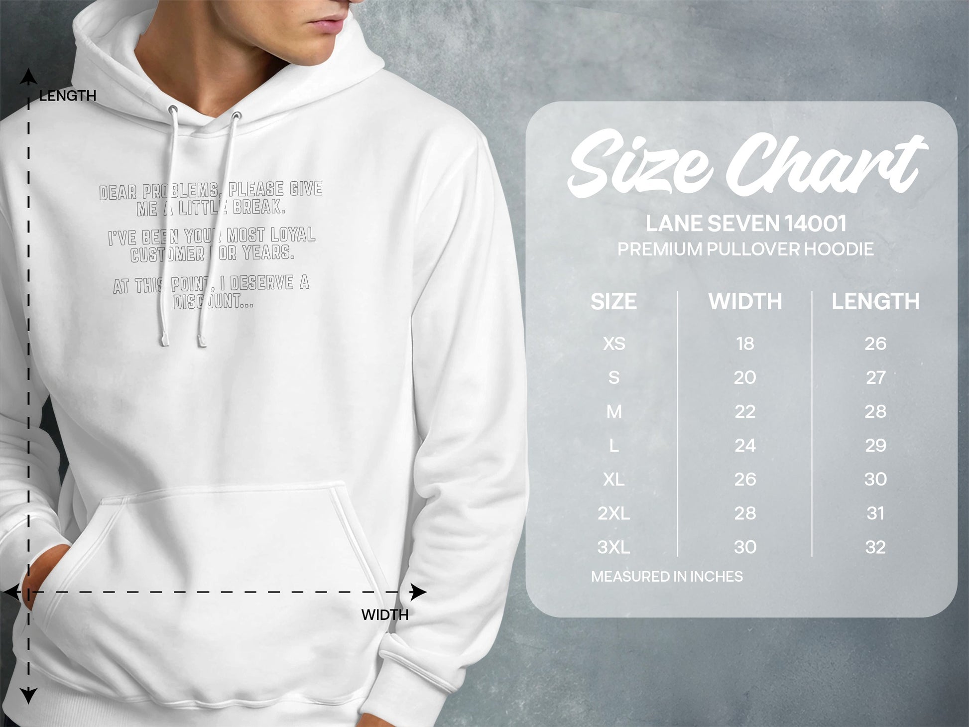 White hoodie with text and size chart for Lane Seven 14001 premium pullover hoodie.