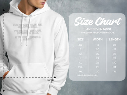 White hoodie with text and size chart for Lane Seven 14001 premium pullover hoodie.