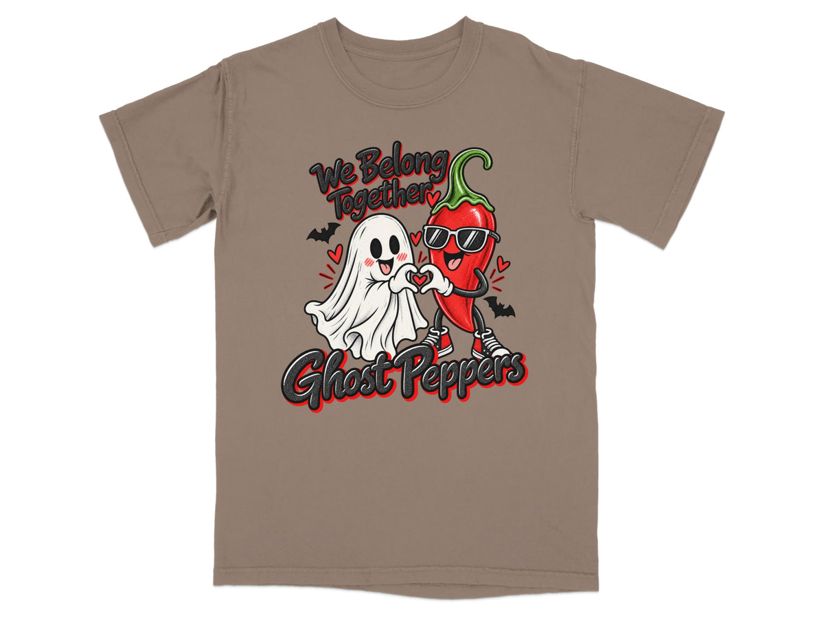 Ghost and chili pepper characters form heart with text "We Belong Together" and "Ghost Peppers".