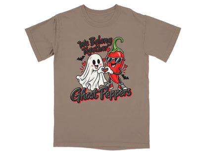 Ghost and chili pepper characters form heart with text "We Belong Together" and "Ghost Peppers".