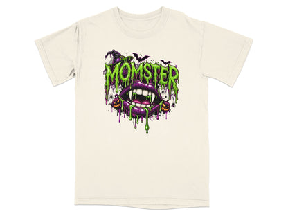 Halloween t-shirt design with "Momster" text, vampire lips, witch hat, and pumpkins.
