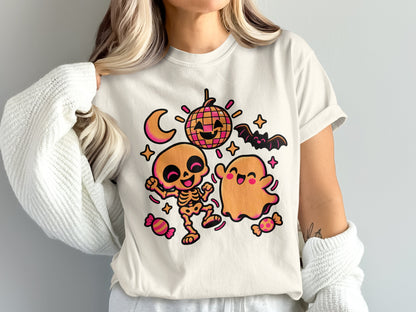 Skeleton and ghost dancing with disco ball, moon, bat, and candy.