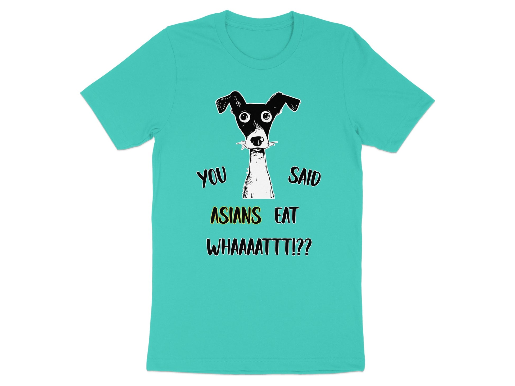 Turquoise t-shirt with a cartoon dog saying "You Said Asians Eat Whaaaattt!?"