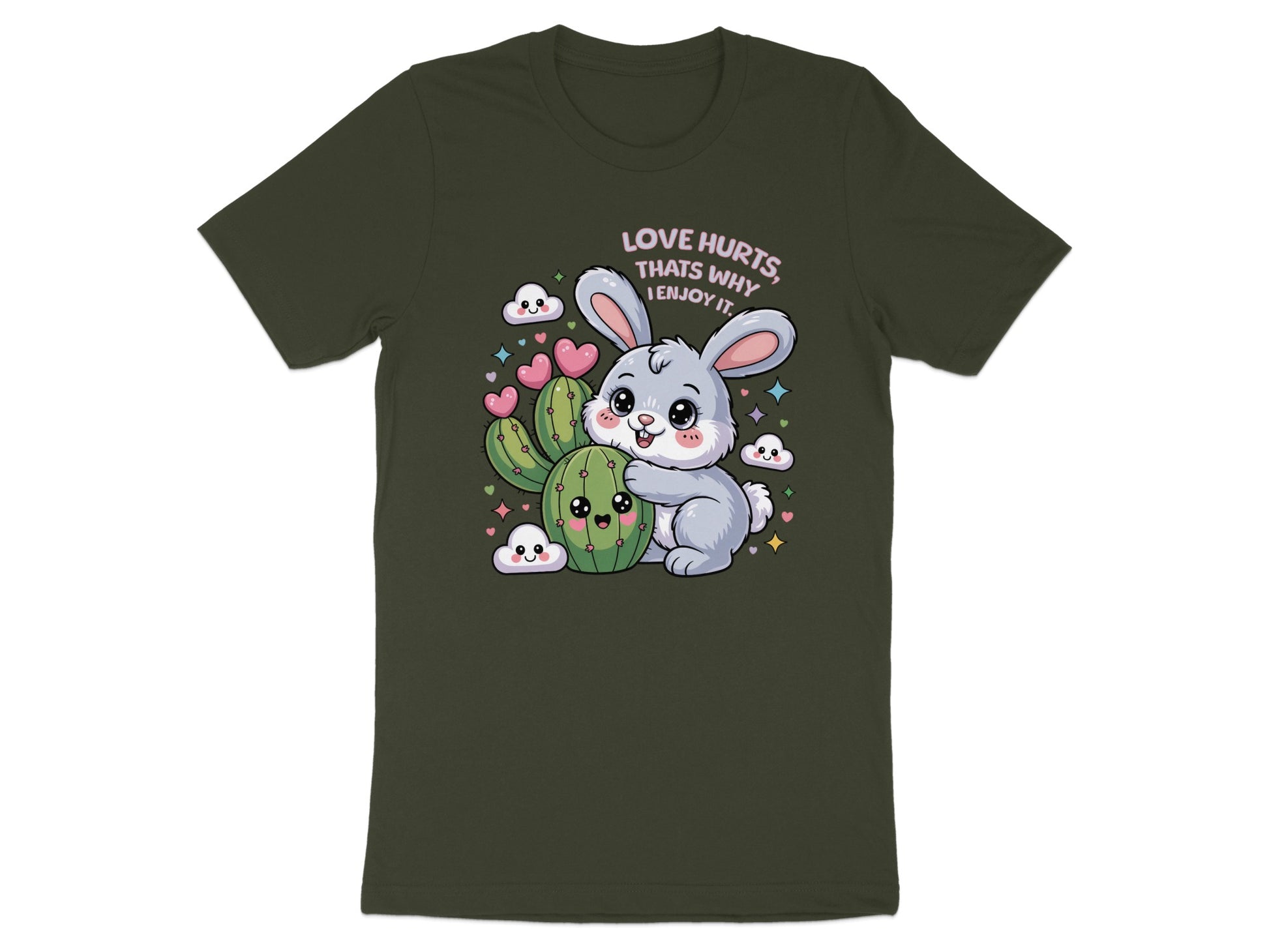 Gray bunny hugging a cactus with "Love Hurts" text and hearts.