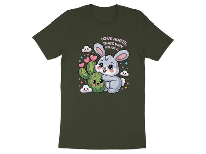 Gray bunny hugging a cactus with "Love Hurts" text and hearts.