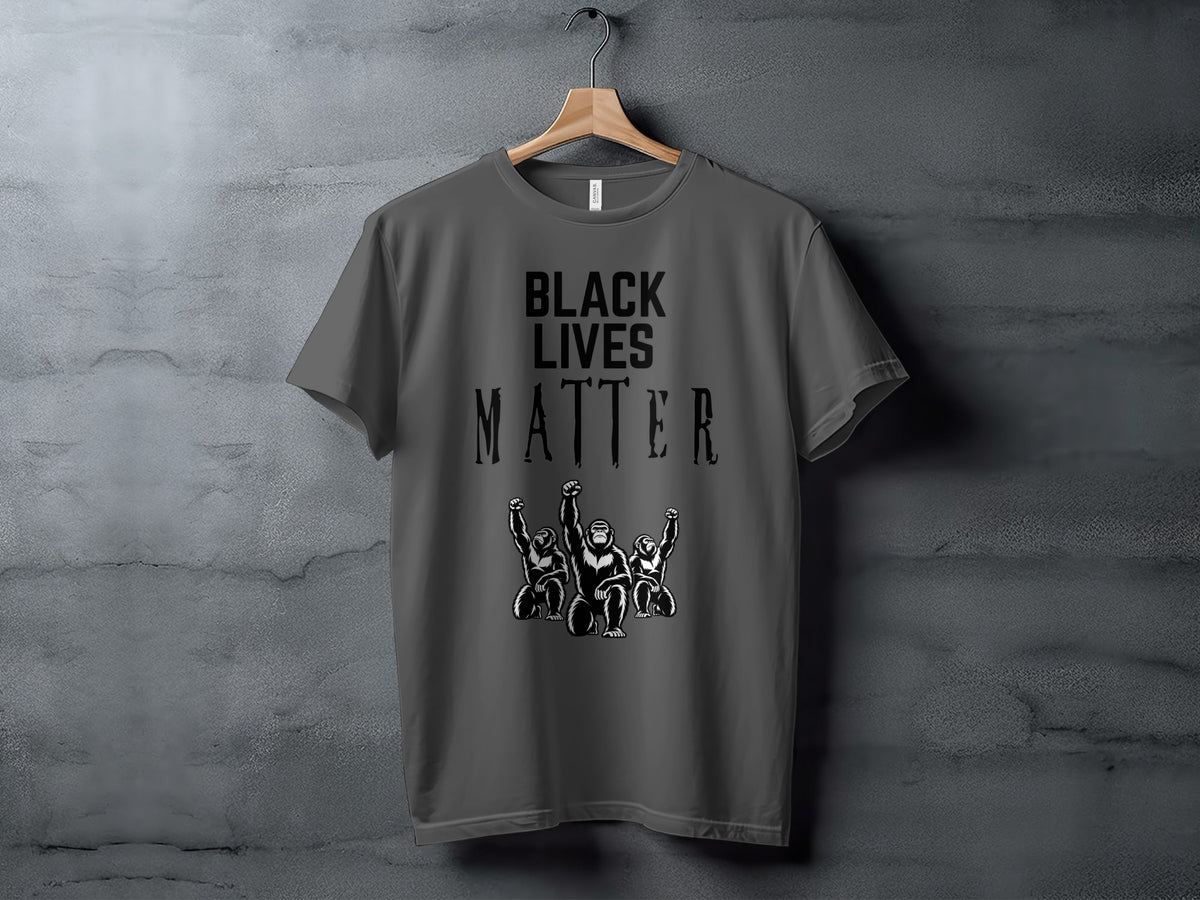 Dark gray t-shirt with "BLACK LIVES MATTER" text and three gorillas with raised fists.