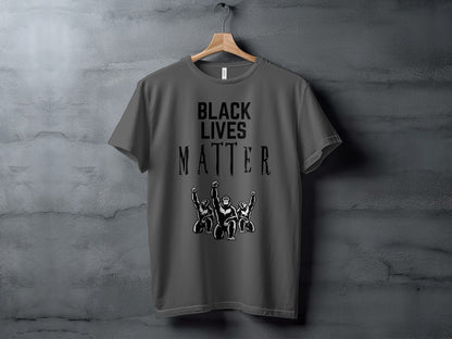Dark gray t-shirt with "BLACK LIVES MATTER" text and three gorillas with raised fists.