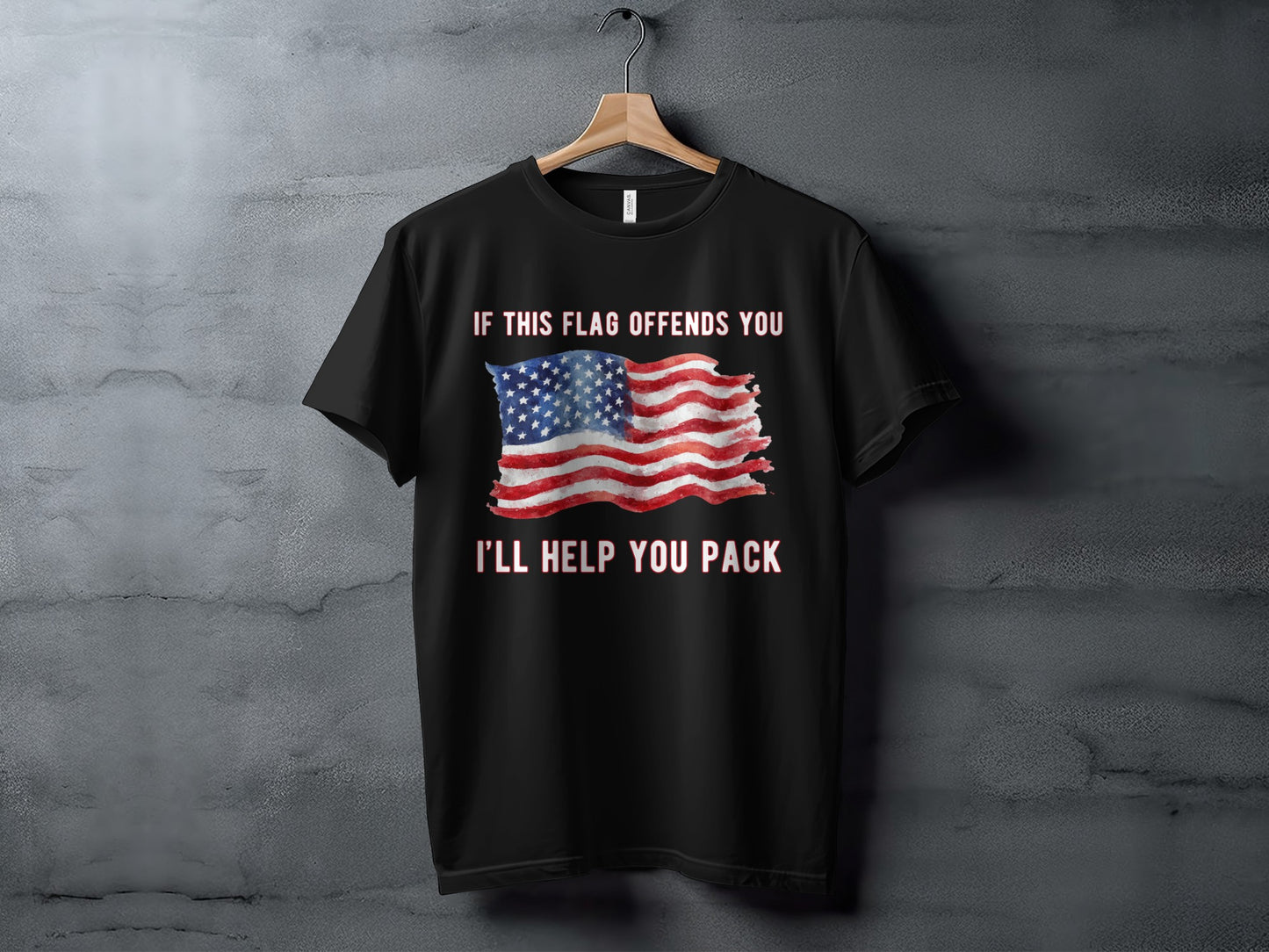 Black t-shirt with distressed American flag and text.