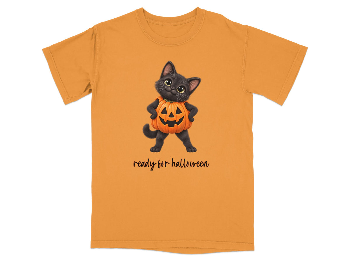 Orange t-shirt with black cat in pumpkin costume and "ready for halloween" text.