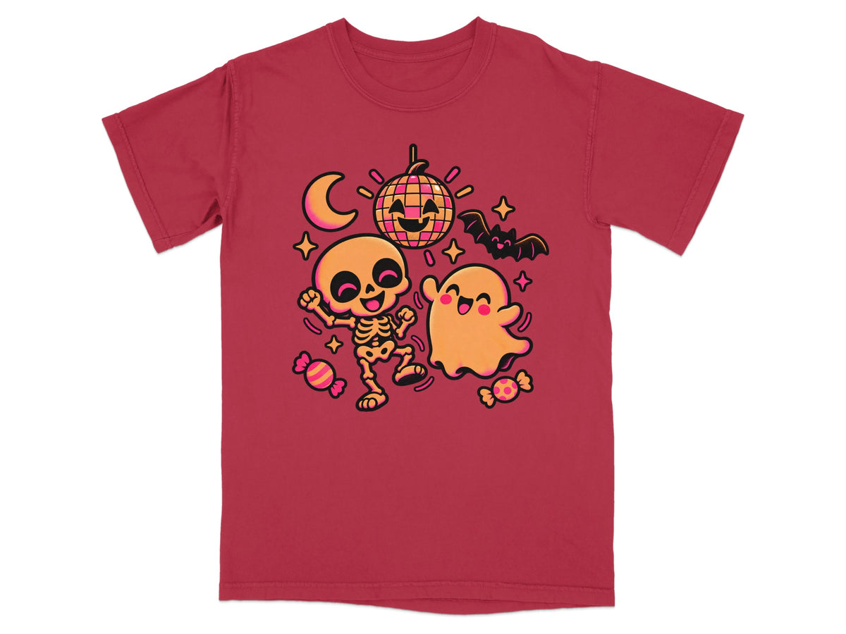 T-shirt with cartoon skeleton and ghost dancing under a disco ball.