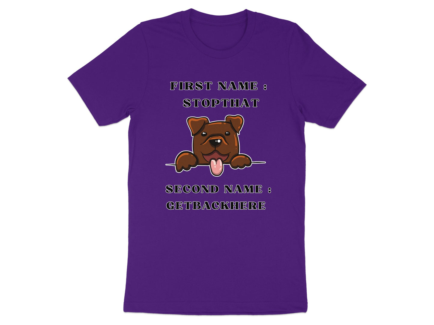 Purple t-shirt with cartoon dog and text "FIRST NAME: STOPTHAT, SECOND NAME: GETBACKHERE".
