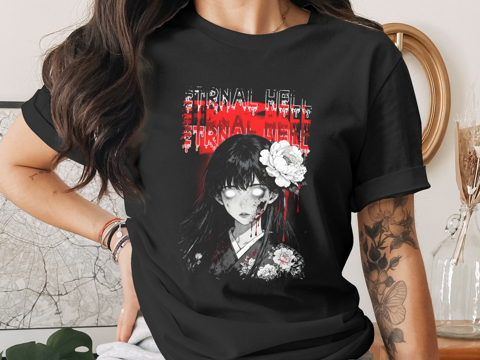 Black t-shirt with anime girl graphic wearing kimono, white flower in hair, and "ETERNAL HELL" text.
