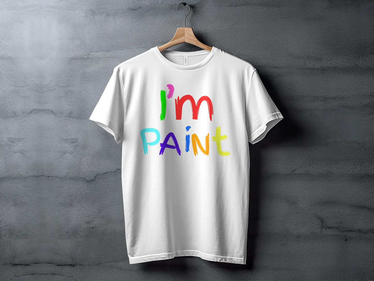 White t-shirt with colorful "i'm PAINT" text graphic on dark background.