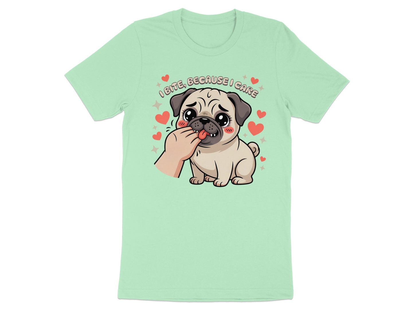 Pug with hand nibbling its paw, text says "I bite, because I care."