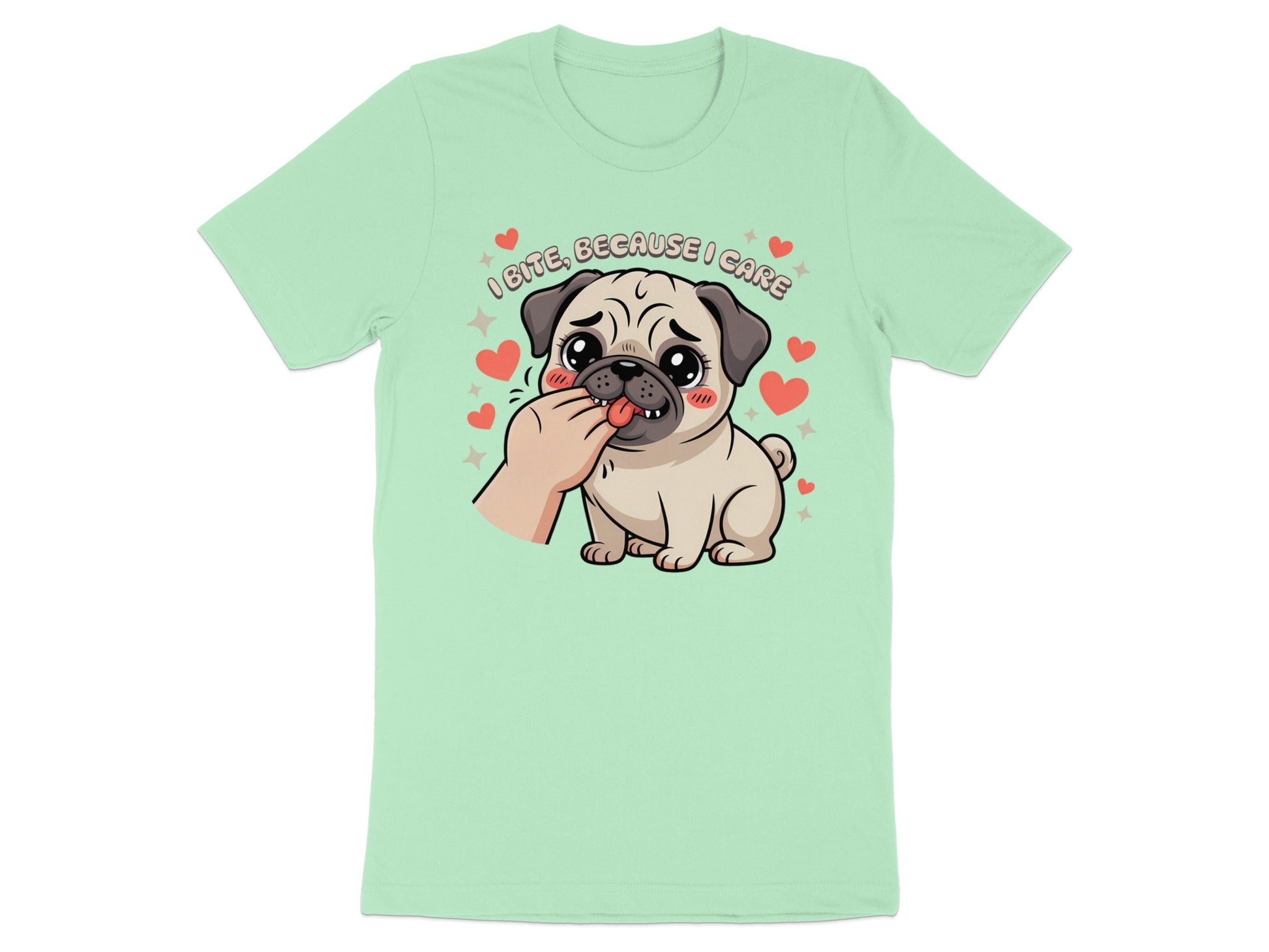 Pug with hand nibbling its paw, text says "I bite, because I care."