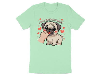 Pug with hand nibbling its paw, text says "I bite, because I care."