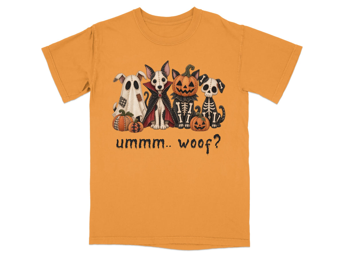 Four dogs in Halloween costumes: ghost, vampire, skeleton, and jack-o'-lantern, with text "ummm.. woof?".