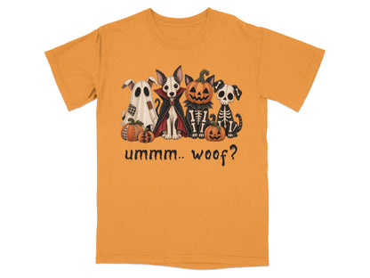 Four dogs in Halloween costumes: ghost, vampire, skeleton, and jack-o'-lantern, with text "ummm.. woof?".