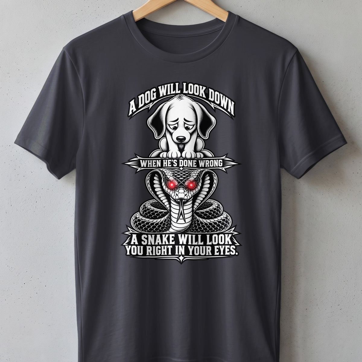 Dark grey t-shirt with distressed graphic of a sad dog above a cobra.