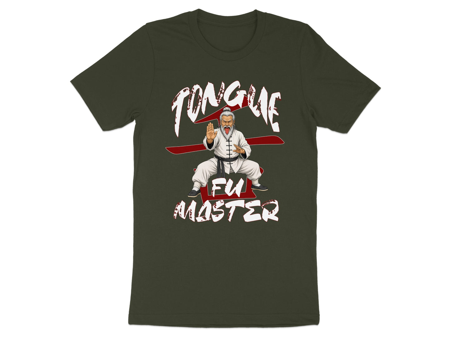 Dark green t-shirt with "Tongue Fu Master" text and a martial artist illustration.