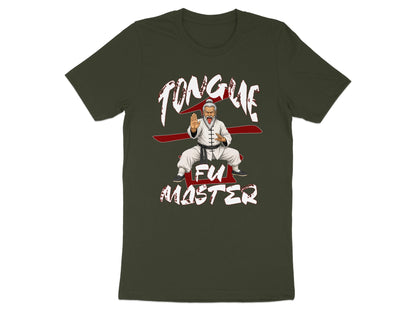 Dark green t-shirt with "Tongue Fu Master" text and a martial artist illustration.